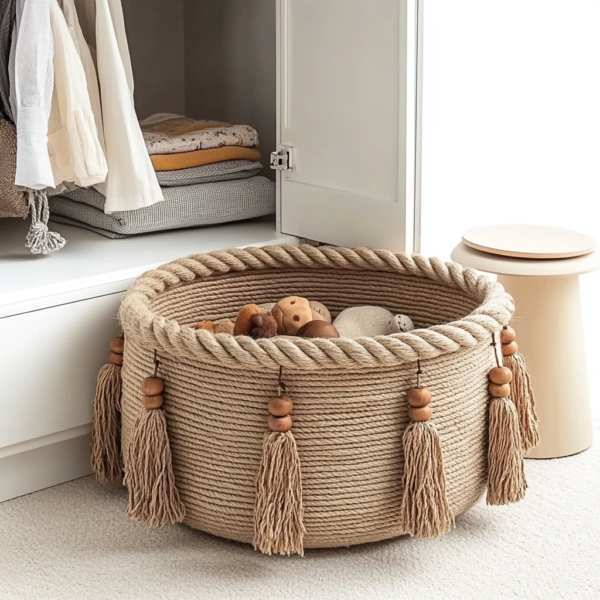 Booklov Woven Jute Basket - Decorative Storage for Blankets, Toys, Clothes, Shoes & More | Natural Rope with Wooden Beads | 16" W × 13.8" L