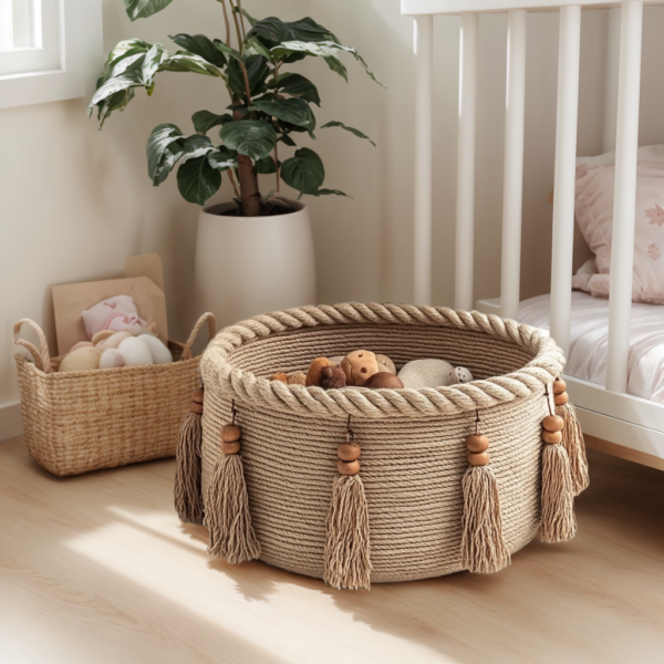 Booklov Woven Jute Basket - Decorative Storage for Blankets, Toys, Clothes, Shoes & More | Natural Rope with Wooden Beads | 16" W × 13.8" L - Image 2