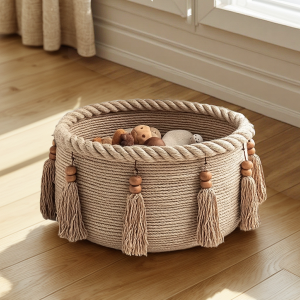 Booklov Woven Jute Basket - Decorative Storage for Blankets, Toys, Clothes, Shoes & More | Natural Rope with Wooden Beads | 16" W × 13.8" L - Image 3