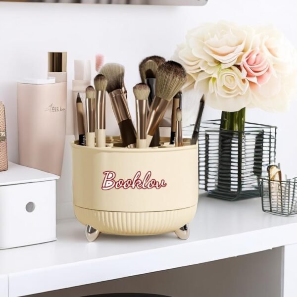 Booklov 360° Rotating Makeup Tools Organizer | 21-Grid Large Capacity Cosmetic Storage Box | Round Portable Desktop Makeup Brush Holder (Ivory White)