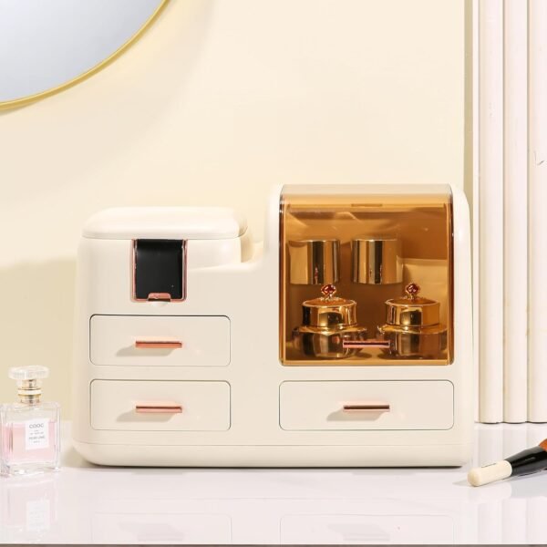 Makeup Organizers for Vanity,Large Capacity Desk Organizers for Cosmetics with 3-Layer Drawers and Mirror,Cosmetics Display Case with Transparent Cover,Ideal for Bedroom Vanity Desk (Cream) - Image 4