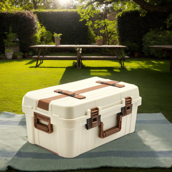 Booklov Heavy-Duty Portable Storage Box – Durable Lockable Plastic Toolbox with Dual Latches, Waterproof, Ideal for Tools, Camping, and Outdoor Use – Beige with Brown Accents - Image 2
