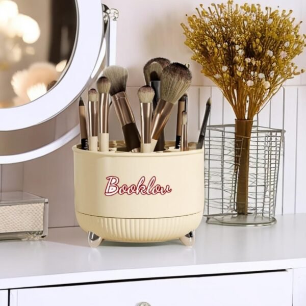 Booklov 360° Rotating Makeup Tools Organizer | 21-Grid Large Capacity Cosmetic Storage Box | Round Portable Desktop Makeup Brush Holder (Ivory White) - Image 7