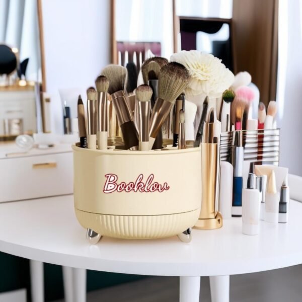 Booklov 360° Rotating Makeup Tools Organizer | 21-Grid Large Capacity Cosmetic Storage Box | Round Portable Desktop Makeup Brush Holder (Ivory White) - Image 6
