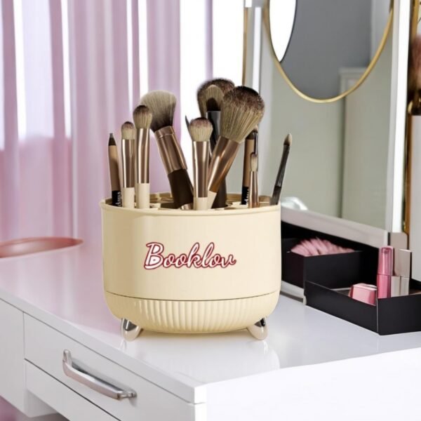Booklov 360° Rotating Makeup Tools Organizer | 21-Grid Large Capacity Cosmetic Storage Box | Round Portable Desktop Makeup Brush Holder (Ivory White) - Image 4