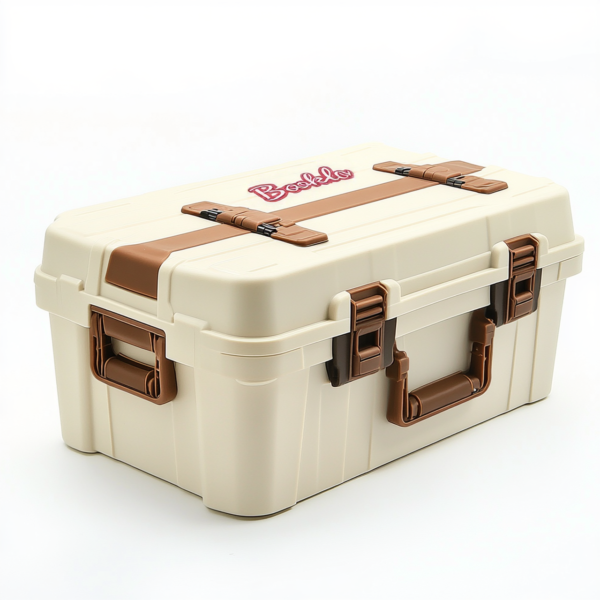 Booklov Heavy-Duty Portable Storage Box – Durable Lockable Plastic Toolbox with Dual Latches, Waterproof, Ideal for Tools, Camping, and Outdoor Use – Beige with Brown Accents