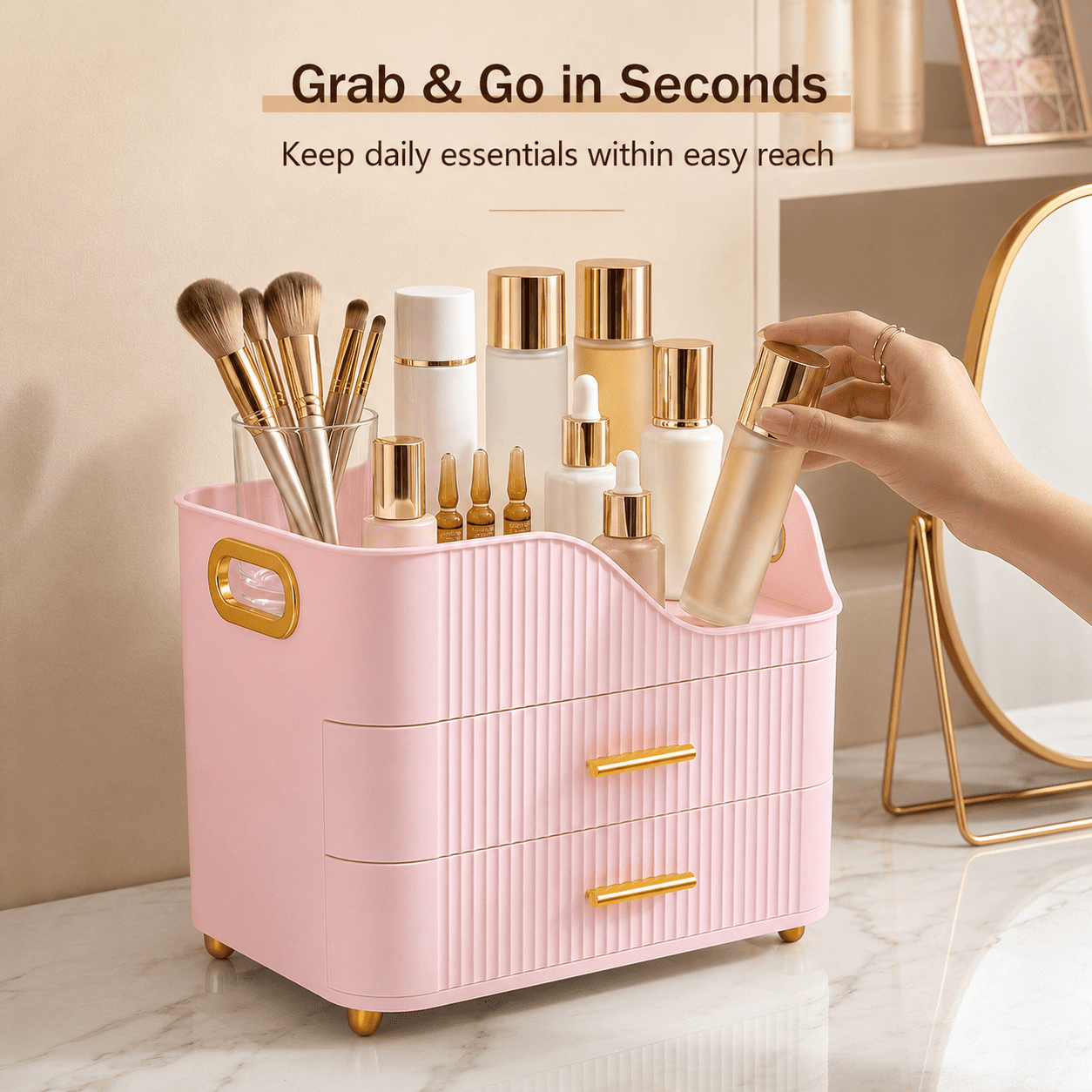 KQJS Makeup Organizer with Drawers, Large Capacity Cosmetic Storage Box for Vanity Countertop, Pink - Image 2