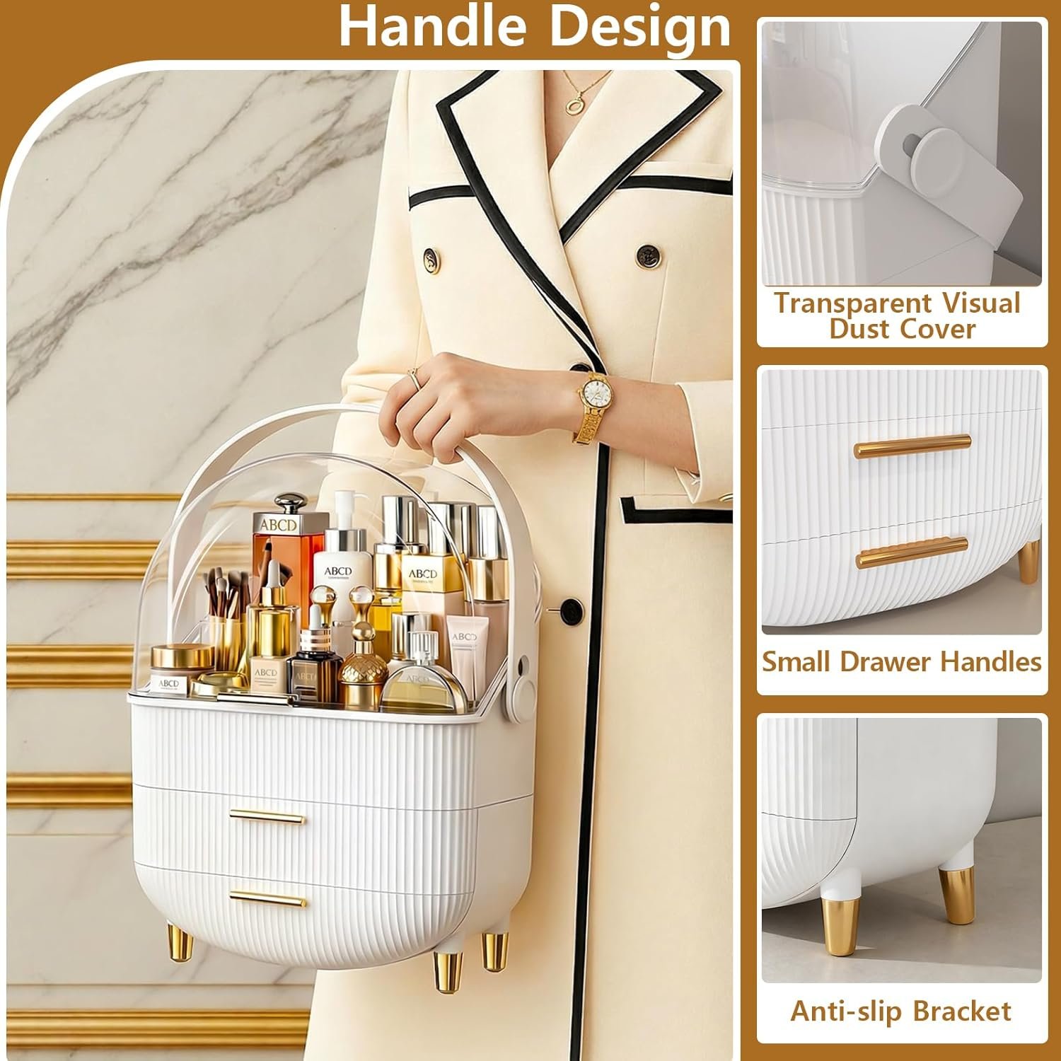 Makeup Organizer Skincare Organizers - Cosmetic Display Cases with Transparent Cover, SkinCare Organizers for Bathroom Countertop, Bedroom Vanity Desk, Lipstick Organizer, White - Image 4