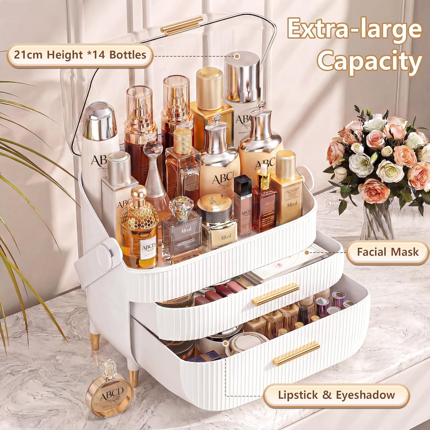 Makeup Organizer Skincare Organizers - Cosmetic Display Cases with Transparent Cover, SkinCare Organizers for Bathroom Countertop, Bedroom Vanity Desk, Lipstick Organizer, White - Image 3