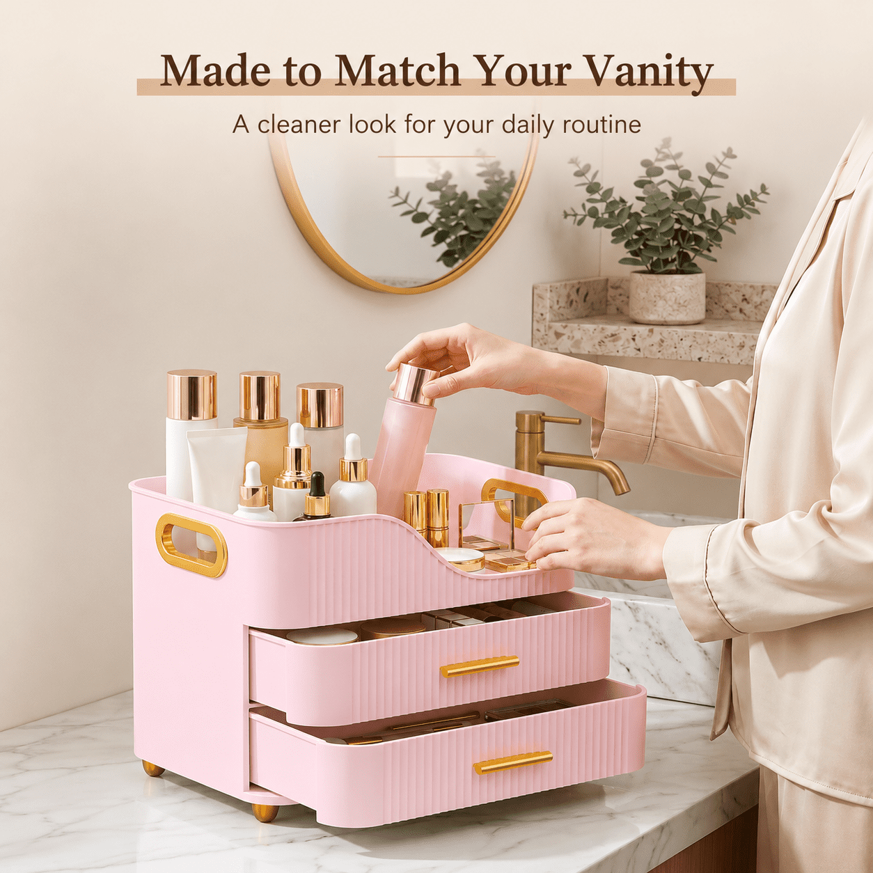 KQJS Makeup Organizer with Drawers, Large Capacity Cosmetic Storage Box for Vanity Countertop, Pink - Image 3