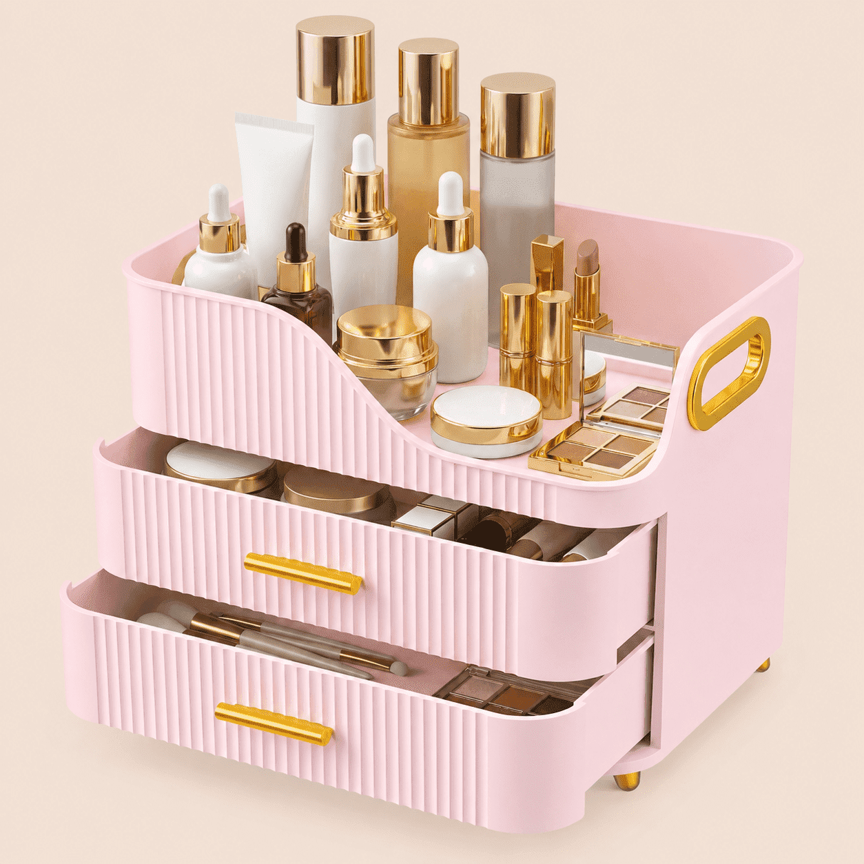 KQJS Makeup Organizer with Drawers, Large Capacity Cosmetic Storage Box for Vanity Countertop, Pink