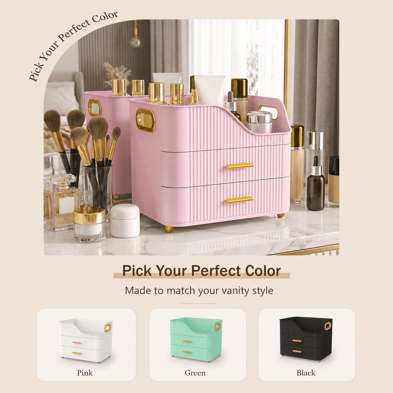 KQJS Makeup Organizer with Drawers, Large Capacity Cosmetic Storage Box for Vanity Countertop, Pink - Image 6