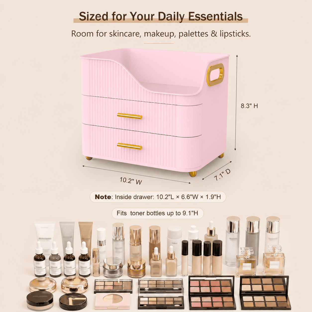 KQJS Makeup Organizer with Drawers, Large Capacity Cosmetic Storage Box for Vanity Countertop, Pink - Image 5