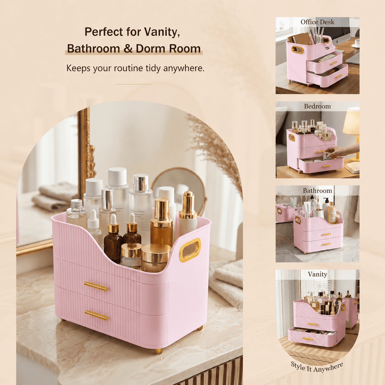 KQJS Makeup Organizer with Drawers, Large Capacity Cosmetic Storage Box for Vanity Countertop, Pink - Image 4